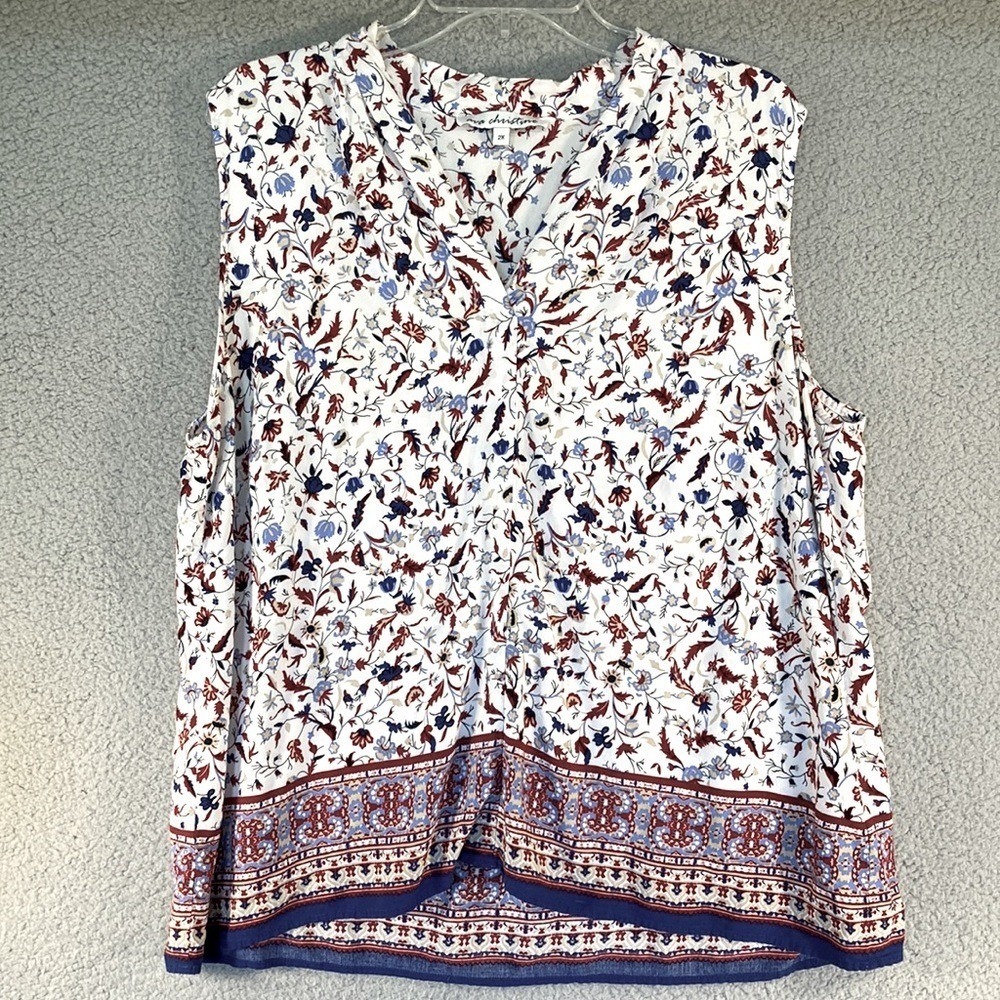Ava Christine Blouse Womens 2X White Blue Floral Rayon Sleeveless V-Neck Top